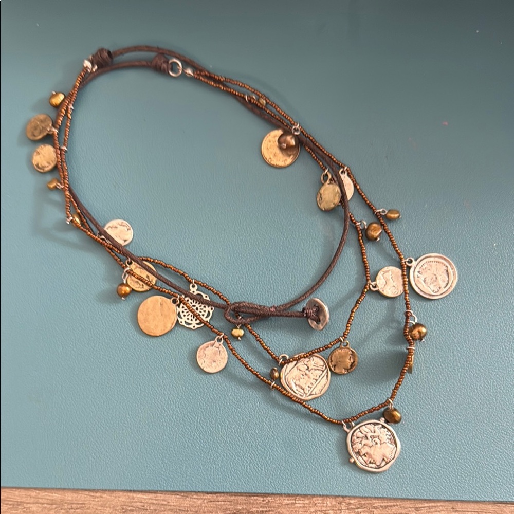 J. Jill Gold and Brown Necklace with Artisanal Charms